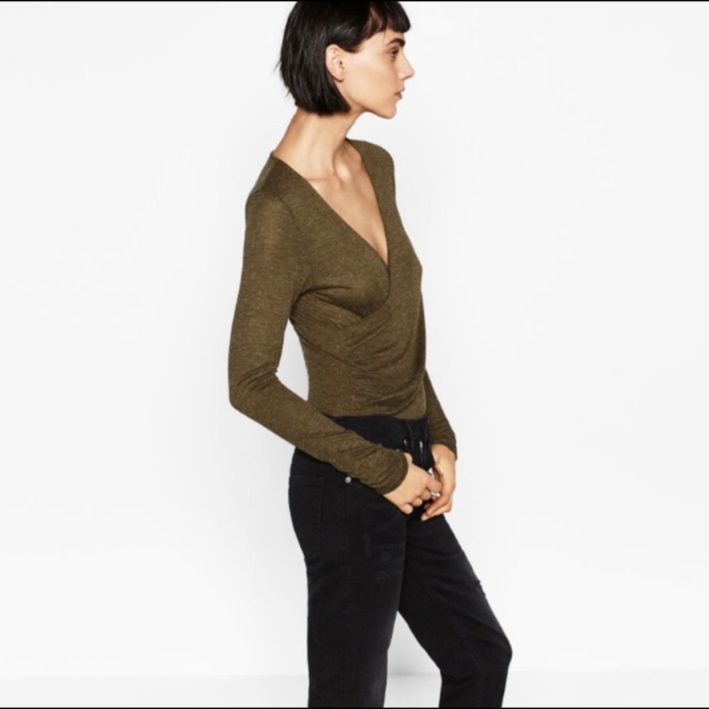 🆕 ZARA Knit Faux Wrap Long Sleeve Bodysuit in Tan/Brown